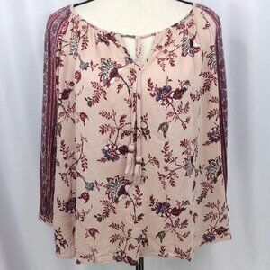 Lucky Brand Top Womens Plus Size 2X Pink Floral Boho Peasant 3/4 Sleeve Tie Neck